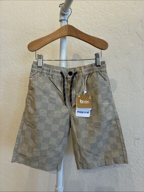 Mayoral Beige Checkered Flat Front Shorts with Drawstring